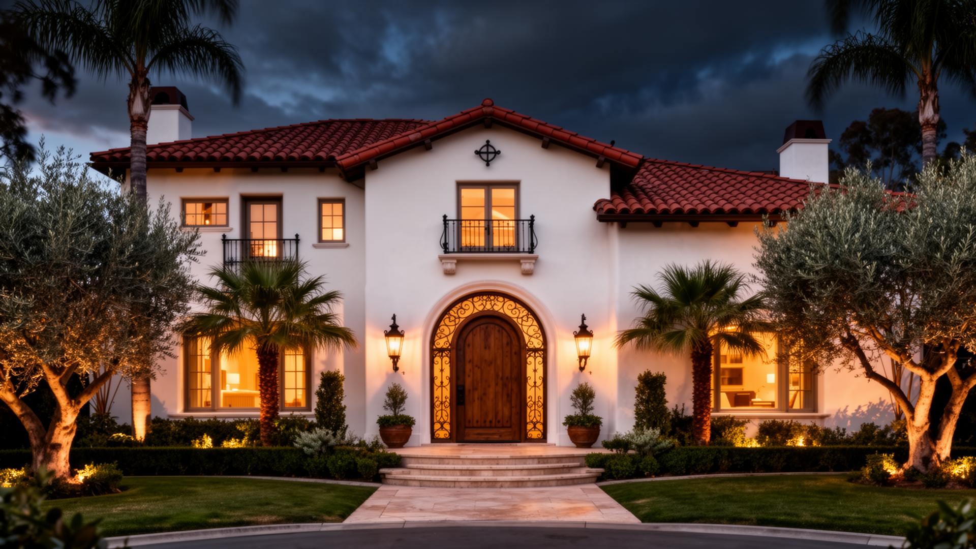 Spanish Revival luxury home at dusk